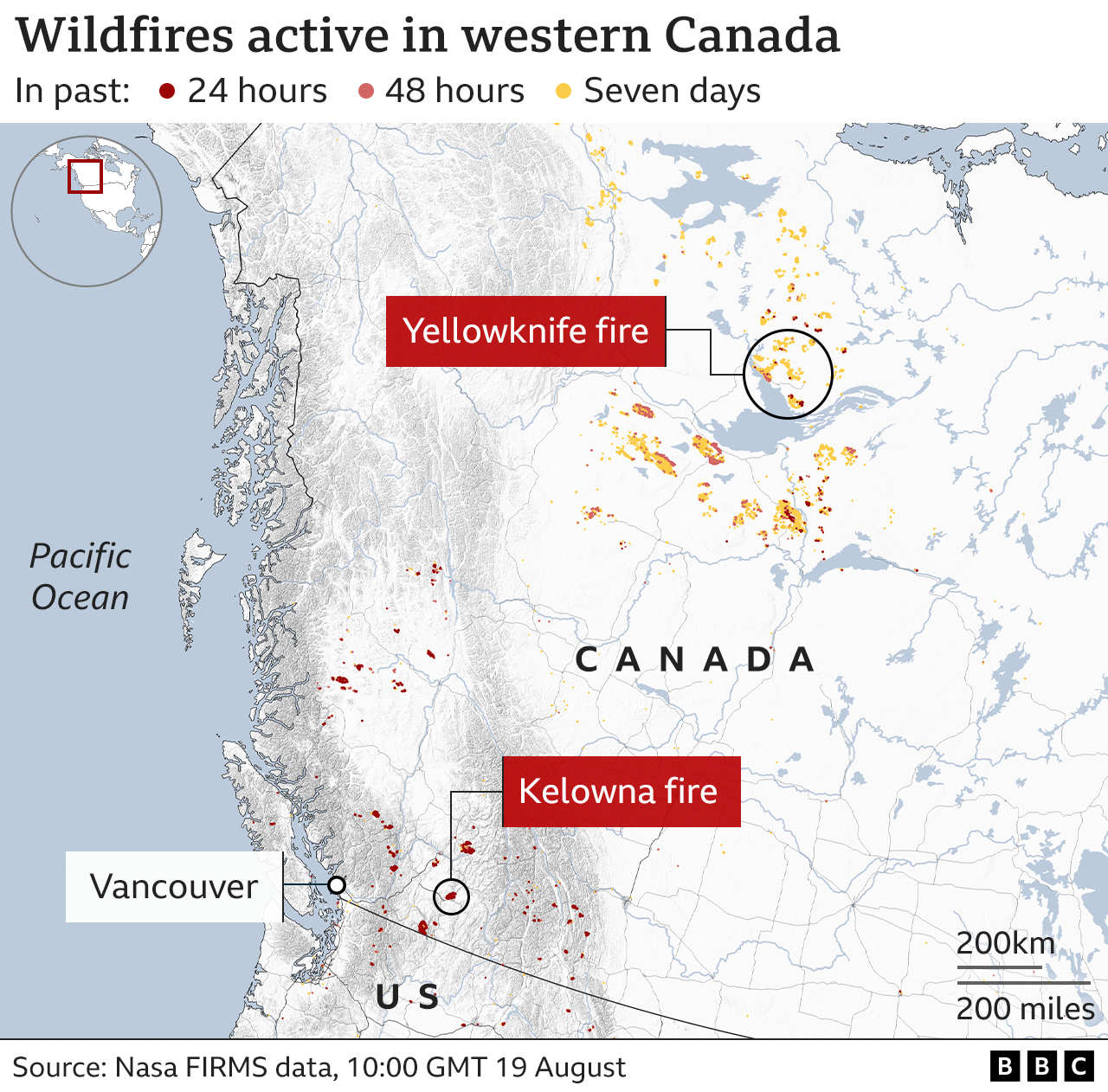Mapa de la BBC titulado "incendios forestales activos en el oeste de Canadá" actual a las 10:00 GMT del 19 de agosto.  Muestra incendios forestales activos repartidos por el oeste de Canadá.  Un grupo ha estado activo en las últimas 24 horas alrededor de Kelowna.  En una amplia región alrededor de Yellowknife, más al norte, varios incendios han estado ardiendo durante siete días.