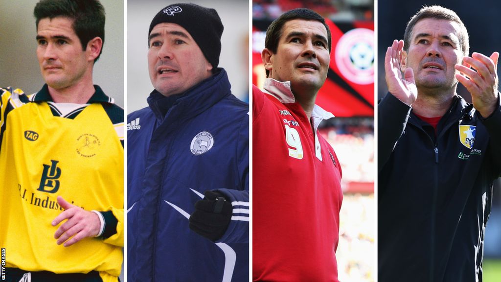 Split image of Nigel Clough as player-manager at Burton, and boss of Derby County, Sheffield United and Mansfield Town