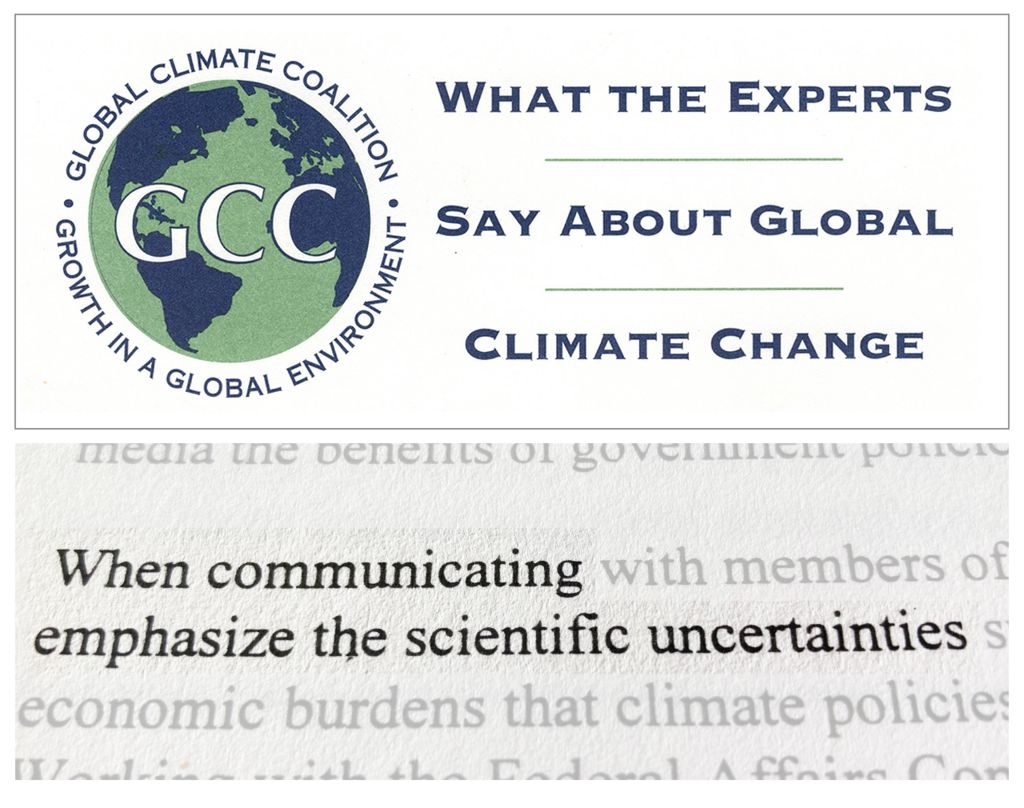Graphic showing the Global Climate Coalition's logo - and quote: &quot;When communicating emphasise the scientific uncertainties&quot;