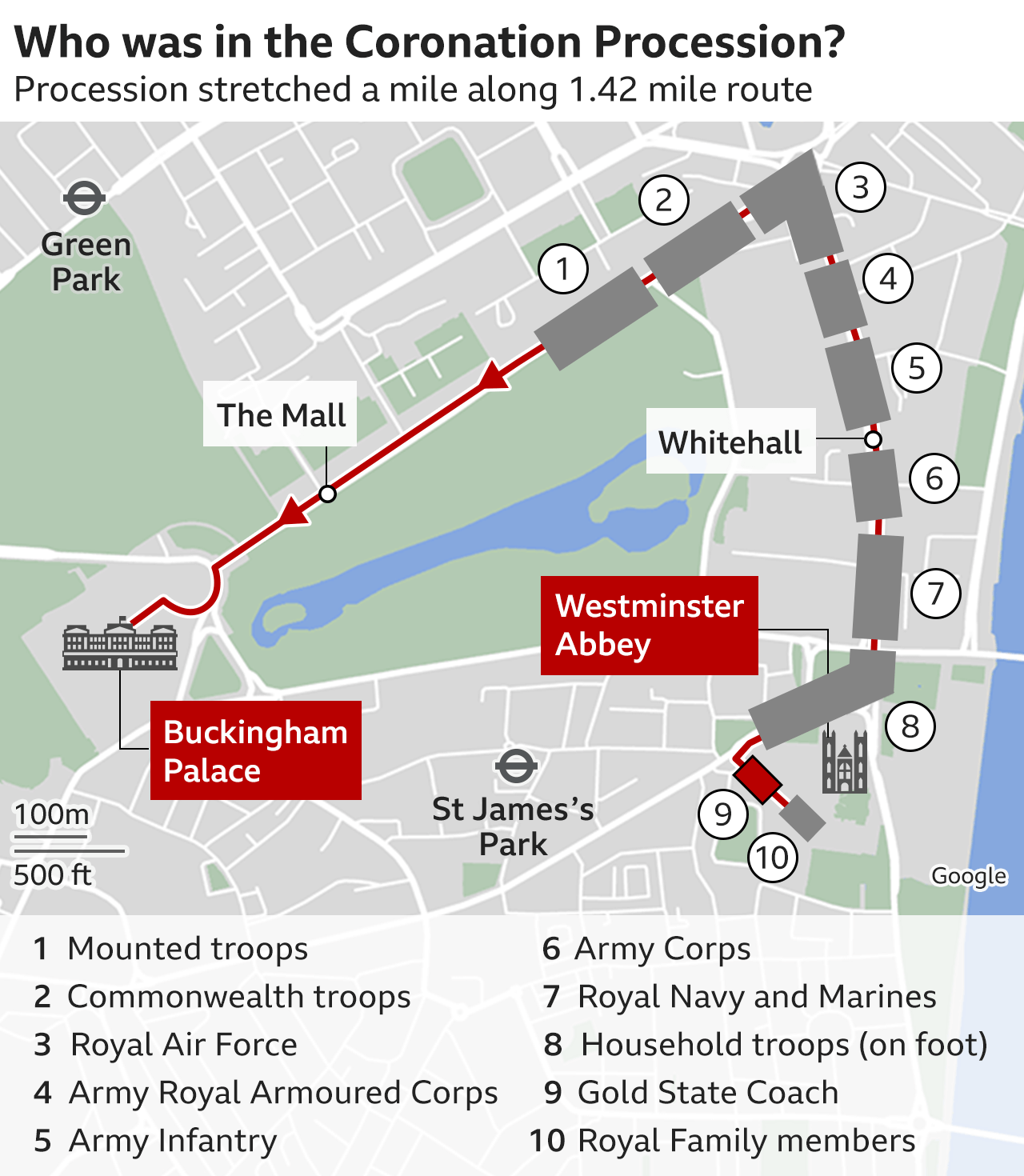Map showing the Coronation Procession route from Westminster Abbey back to Buckingham Palace