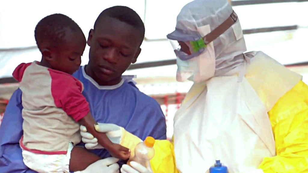 Child and health workers at Ebola centre