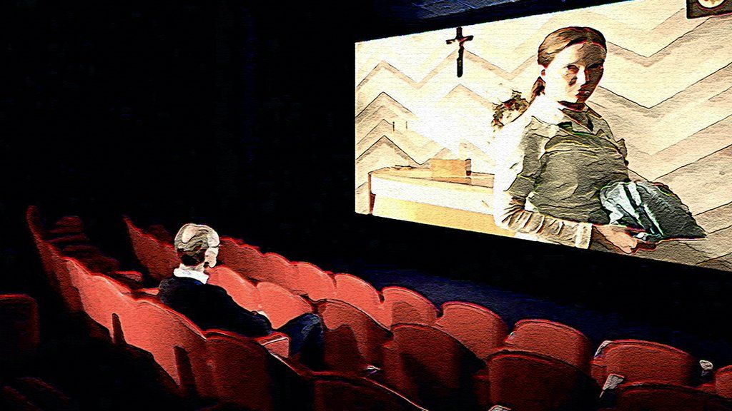Illustration showing Will Gompertz watching Saint Maud