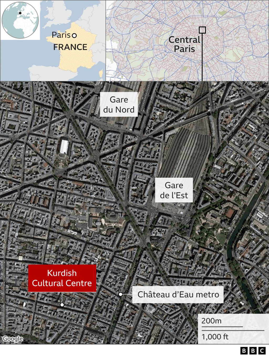 A map of the area where the shooting in Paris took place
