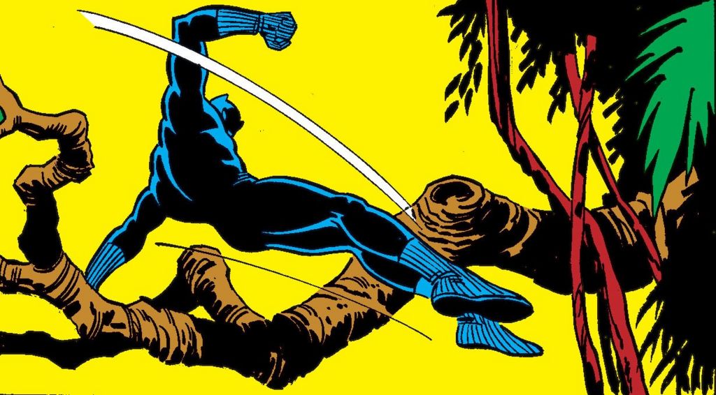 Black Panther leaps across a wood with a tree branch behind him