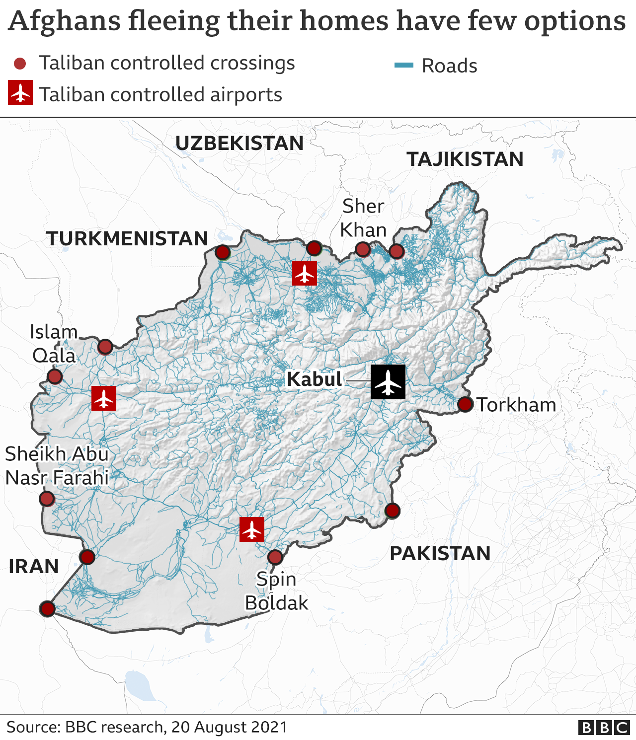 Map showing the main border crossings and airports in Afghanistan