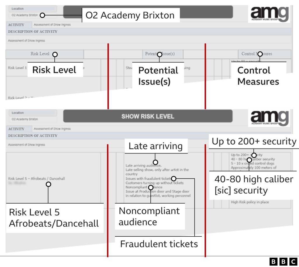 Graphic showing the potential risk issues arising from crowds entering large music events at the O2 Brixton Academy - leaked AMG document