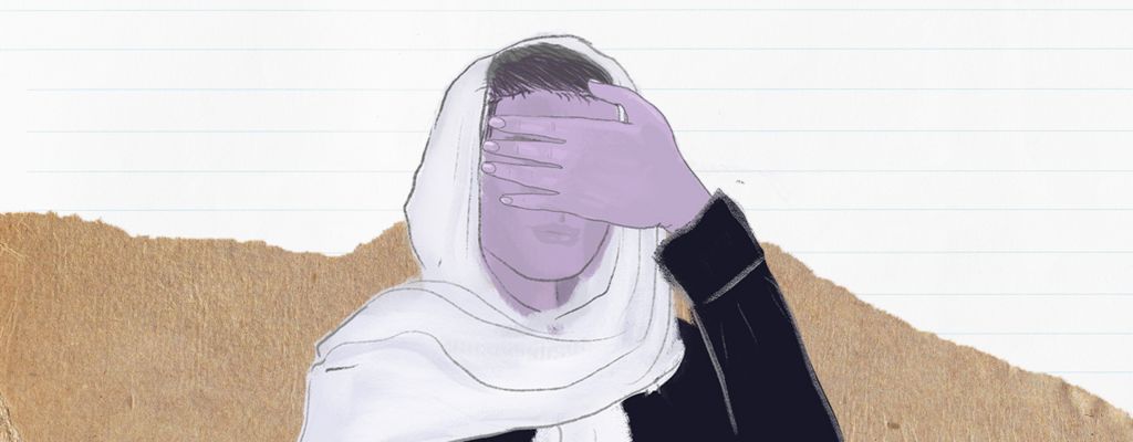 Illustration of an Afghan schoolgirl covering her face to disguise her identity.