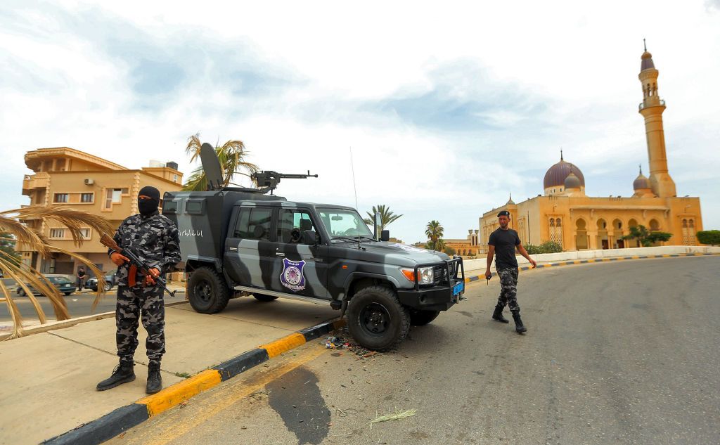 Forces loyal to the GNA man a checkpoint in Tarhuna after the takeover in June 2020