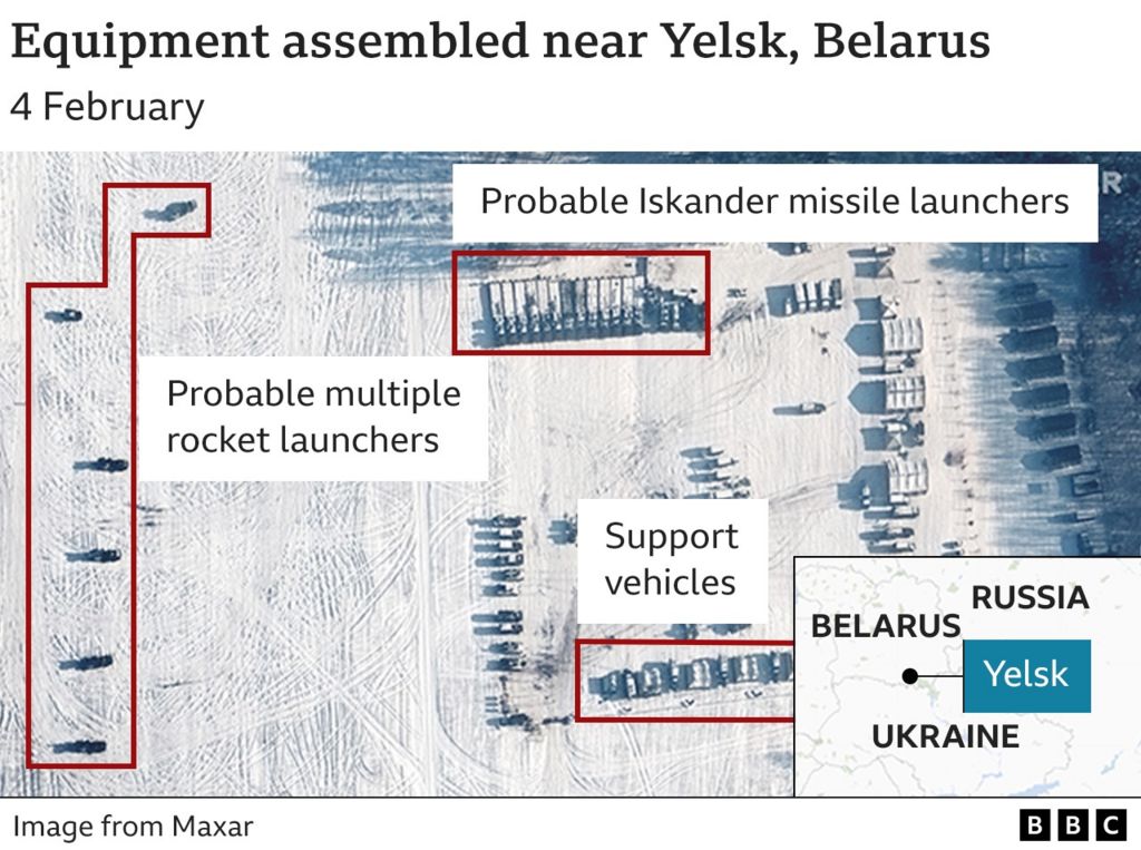 Satellite image showing military equipment assembled near Yelsk, Belarus