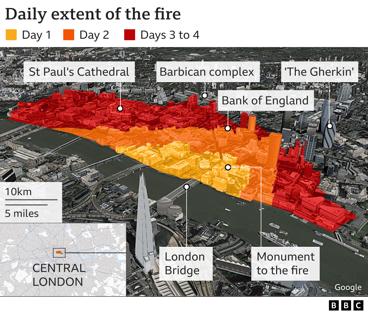 Map shows how the fire spread in London over several days