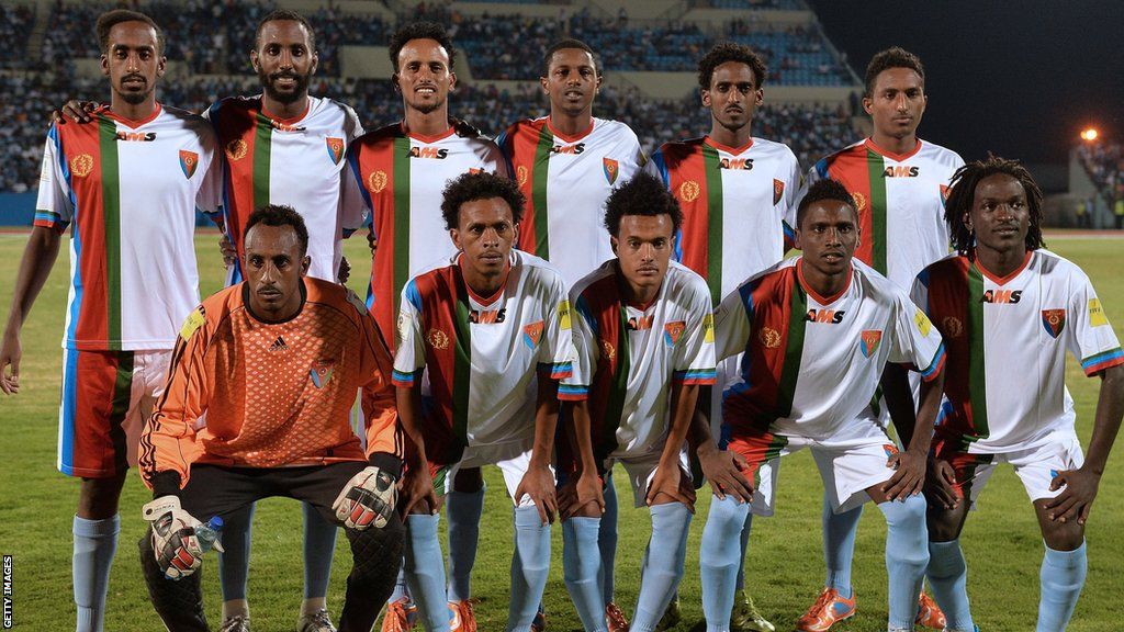 Eritrea footballers line up before a 2018 World Cup qualifying game against Botswana in October 2015