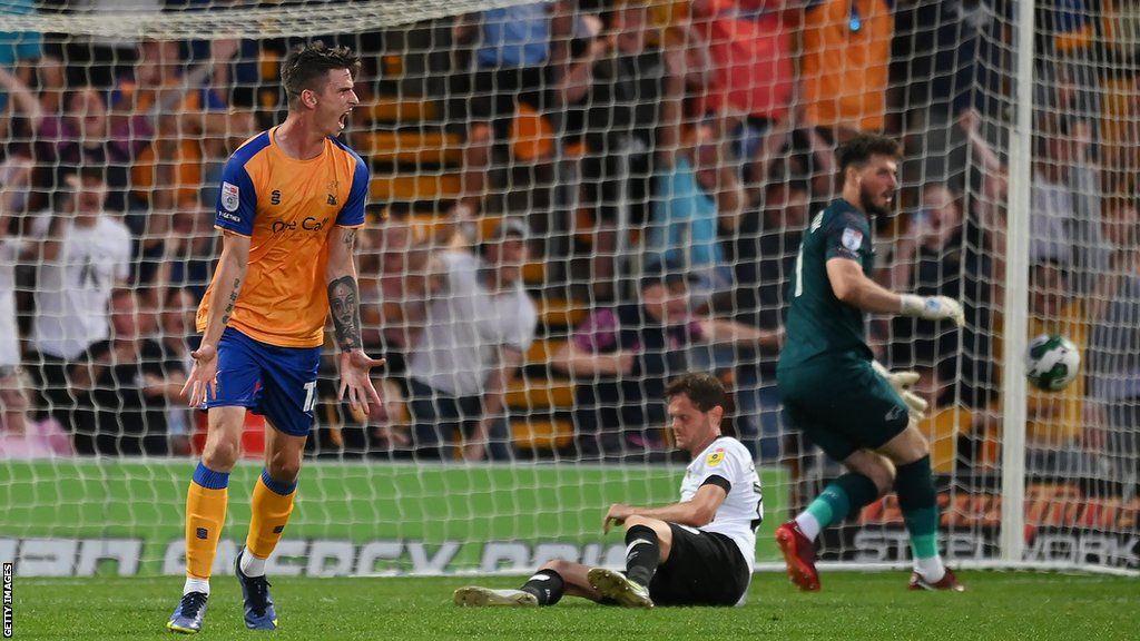 Mansfield's Oli Hawkins celebrates scoring against Derby County