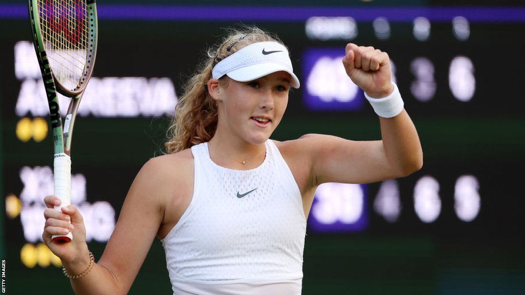 Mirra Andreeva celebrates during a match at Wimbledon in 2023