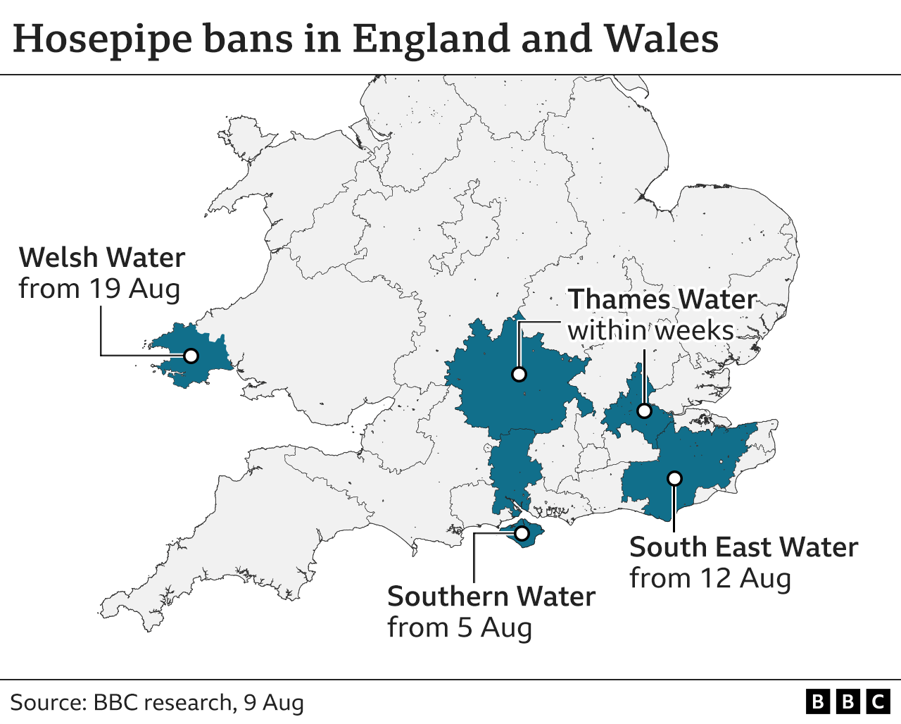 Map of hosepipe bans in England and Wales