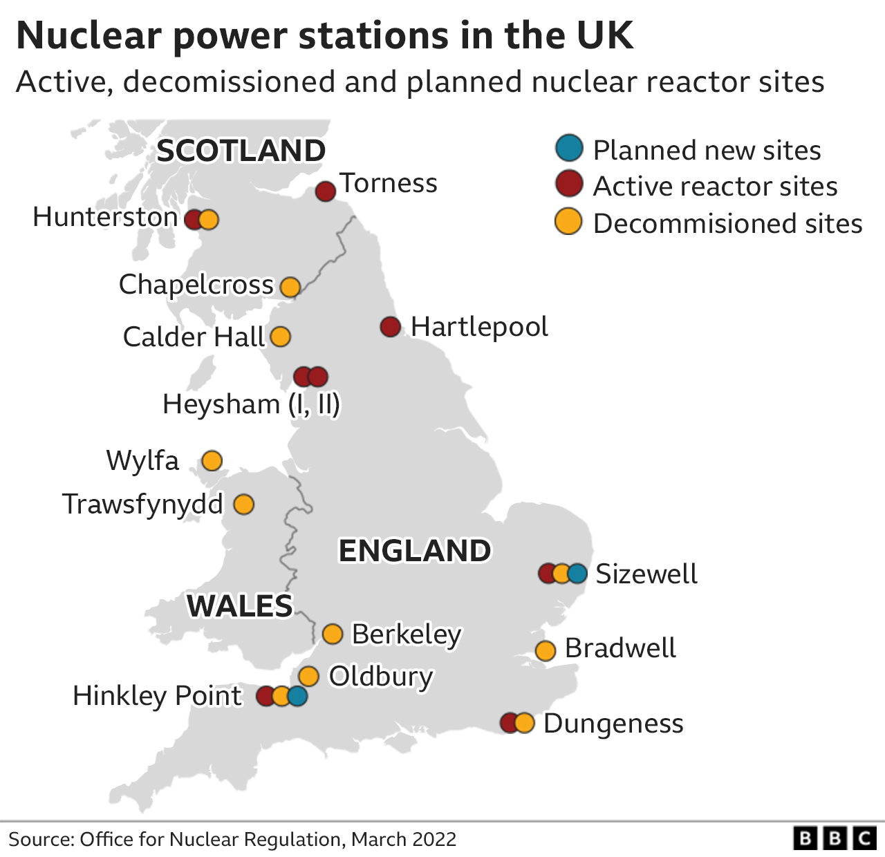 Graphic showing the location of nuclear plants in the UK