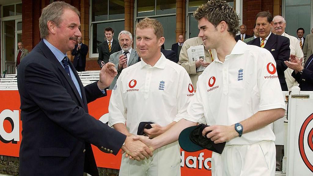  James Anderson and Anthony McGrath being given their first caps before a Test against Zimababwe in 2003