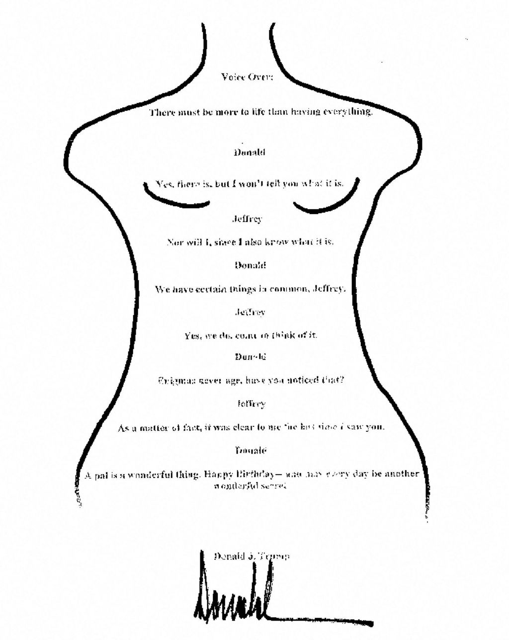 A note from Epstein's birthday book allegedly written and signed by Donald Trump. Several typed lines of text imagine a conversation between Donald and Jeffrey. A woman's body is drawn around the text. The note is signed Donald J Trump, followed by a written signature.