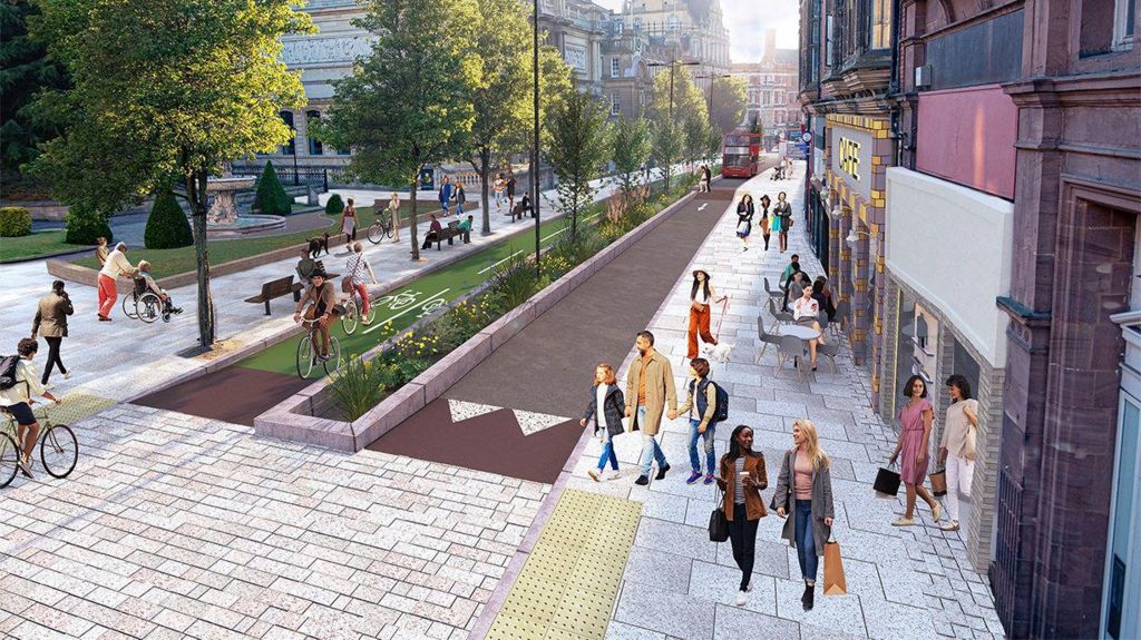 CGI image of people riding bikes and walking on high street