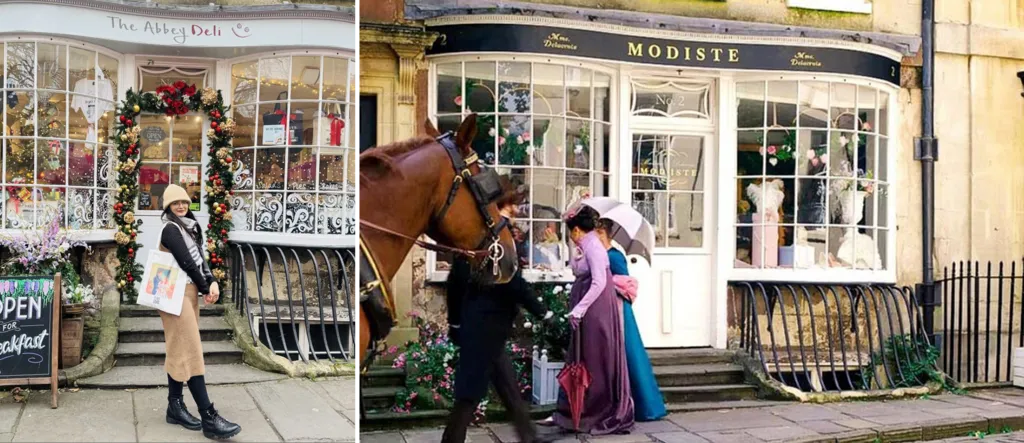 Picture 1 - A woman in a brown dress and hat, black boots and black top stands in front of the Abbey Deli, a shop decorated with white patterns on its windows and a festive wreath with baubles around the door. Picture 2 - Exterior of Modiste, the dress shop in Bridgerton