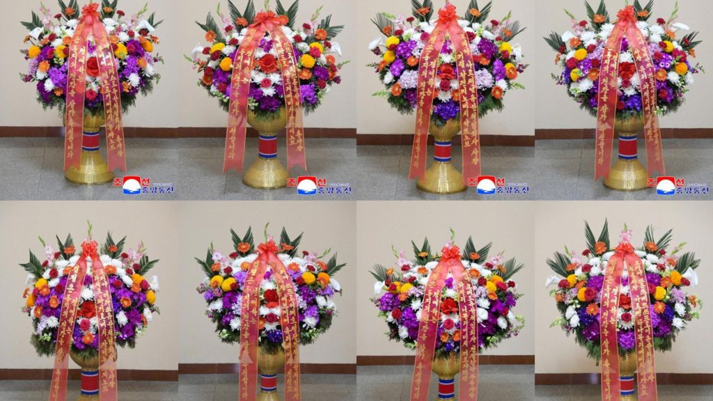 A composite image of flowers that were sent to Kim Jong Un by various Russian construction companies in April, according to North Korean state media