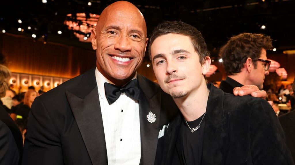 Dwayne Johnson and Timothée Chalamet attend the 83rd Annual Golden Globe Awards at The Beverly Hilton on January 11, 2026 in Beverly Hills, California.