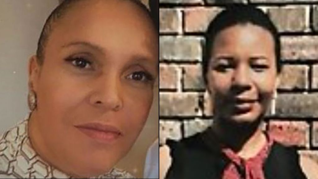 Two separate photos of Fiona Holm and Naomi Hunte, placed next to each other.  On the left is Fiona Holm, looking directly into the camera. She is smartly dressed, wearing earrings and a patterned cream coloured top, her hair tied back. On the right is Naomi Hunte, who stands in front of a red brick wall, wearing a smart black dress with a red scarf 