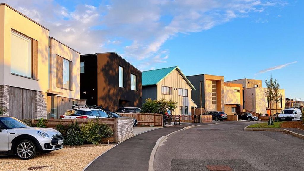 A row of large self-build houses, in different shapes and colours. A Mini stands in the driveway of the nearest house.