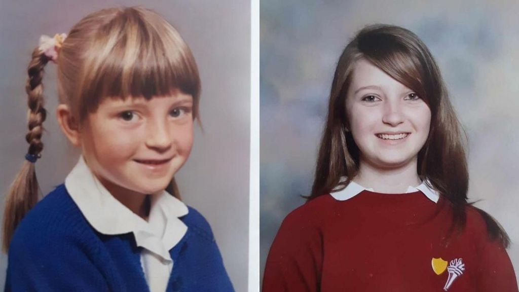 Two school photograph portraits of Kim Farthing, aged six and 15