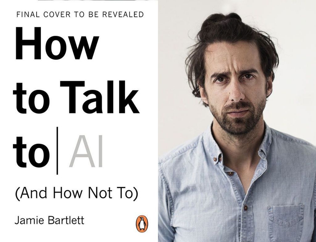 Jamie Bartlett's book cover (not the final version) next to a head and shoulders shot of the author wearing a light blue shirt, he has dark brown hair and beard.