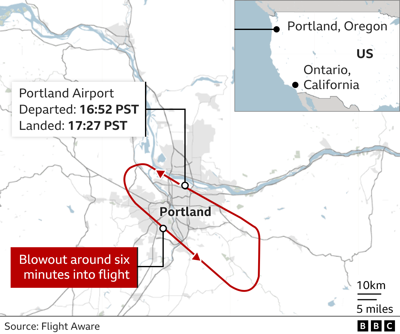 A BBC map showing the flight path of the affected Alaska Airlines flight from Portland to Ontario