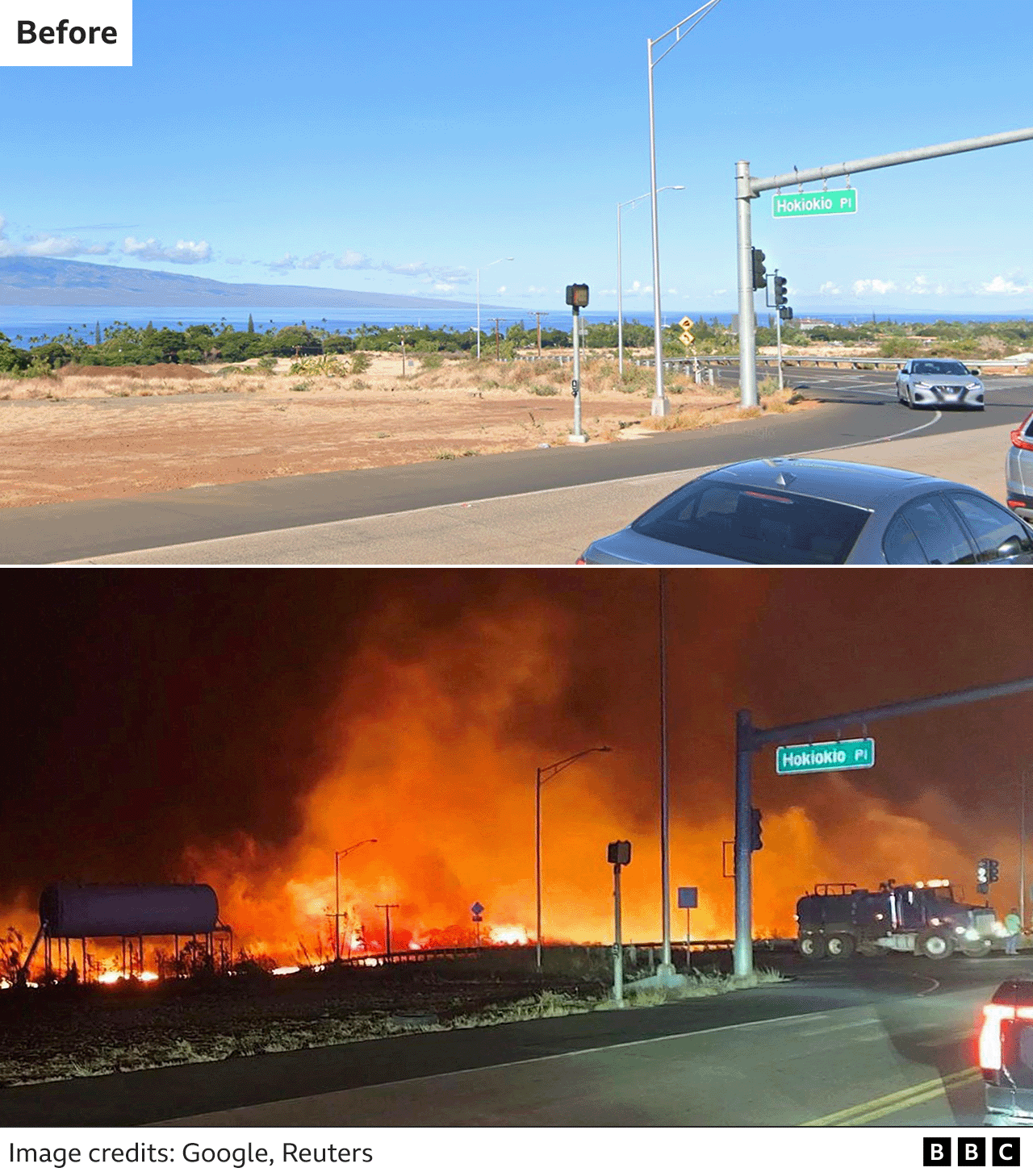 Изображения до и после показывают пожар, горящий вдоль шоссе