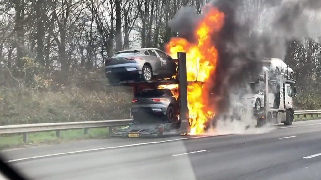 A car transporter on fire on the M1