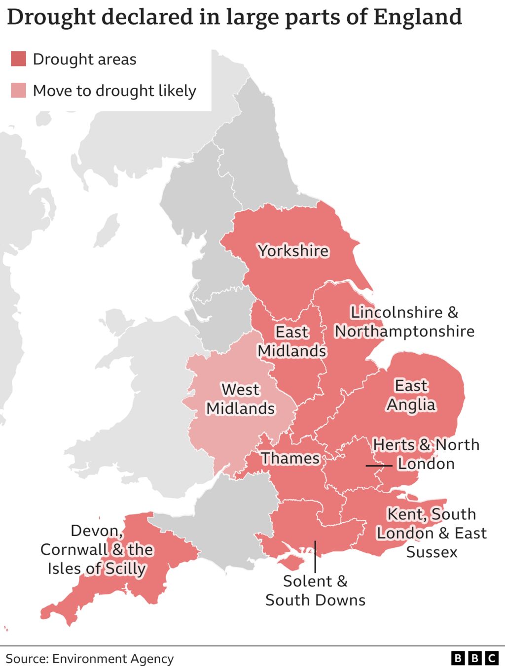 Карта, показывающая объявленные засушливые районы Англии