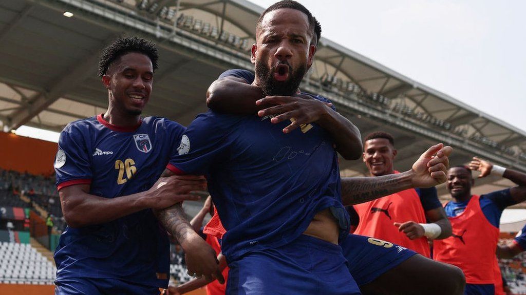 Bebe celebrates scoring a free-kick for Cape Verde