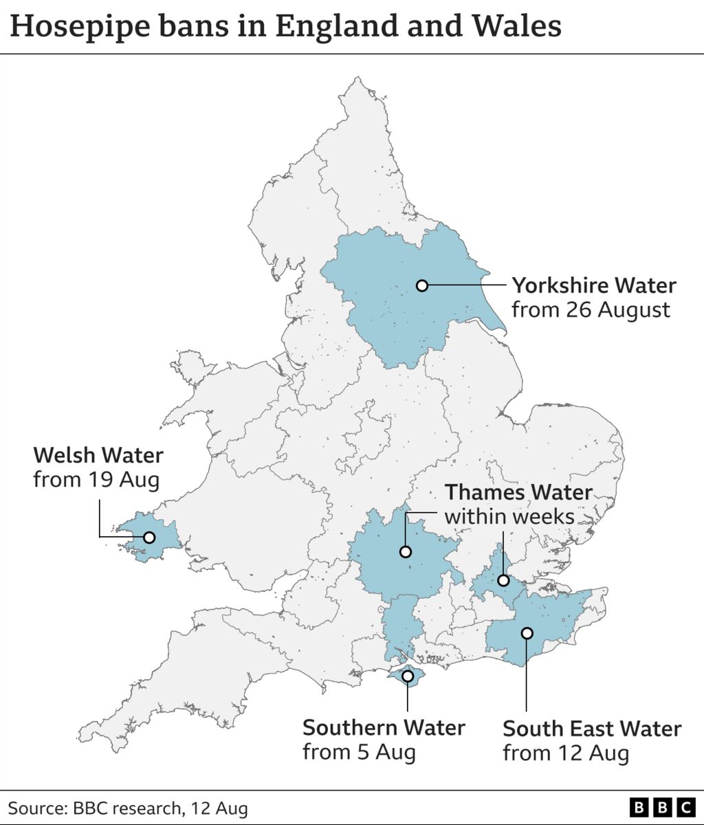 Areas of England and Wales with hosepipe bans