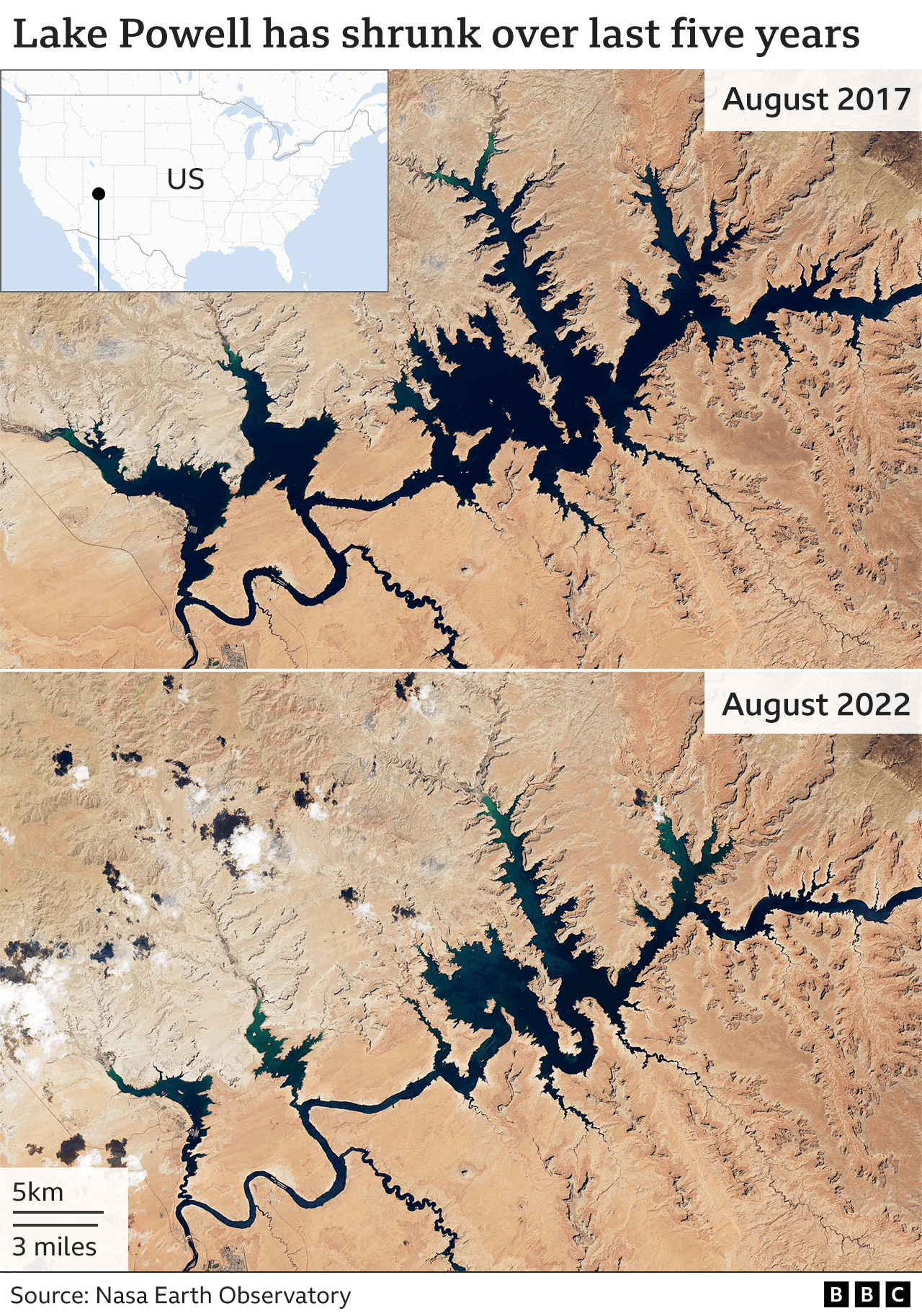 Сравнение спутниковых карт озера Пауэлл в США в 2017 и 2022 годах.