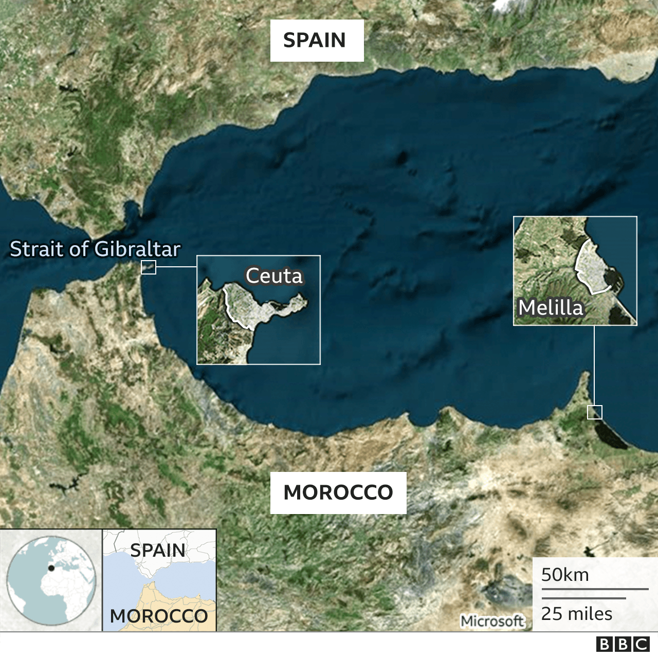 Map of Spain and Morocco showing locations of Ceuta and Melilla