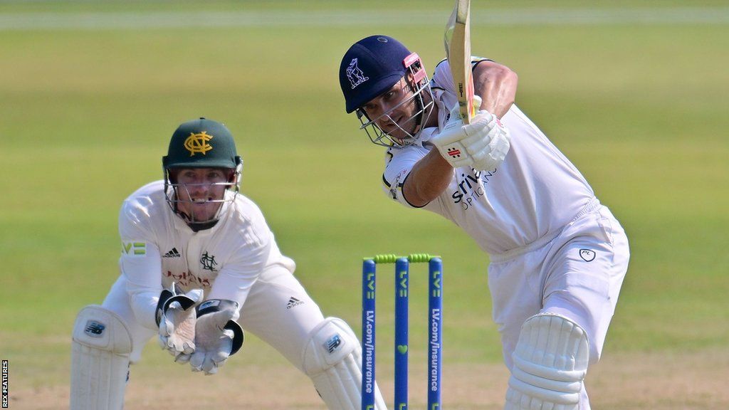 Sam Hain plays a shot during his century for Warwickshire against Nottinghamshire on day one at Trent Bridge