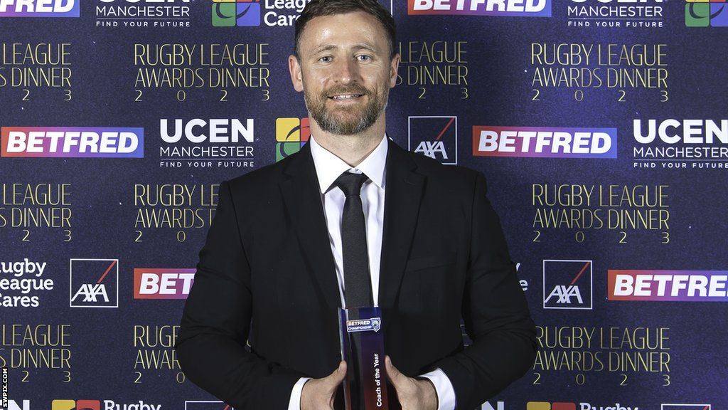 London Broncos coach Mike Eccles with his award for Championship coach of the year at the Rugby League Awards