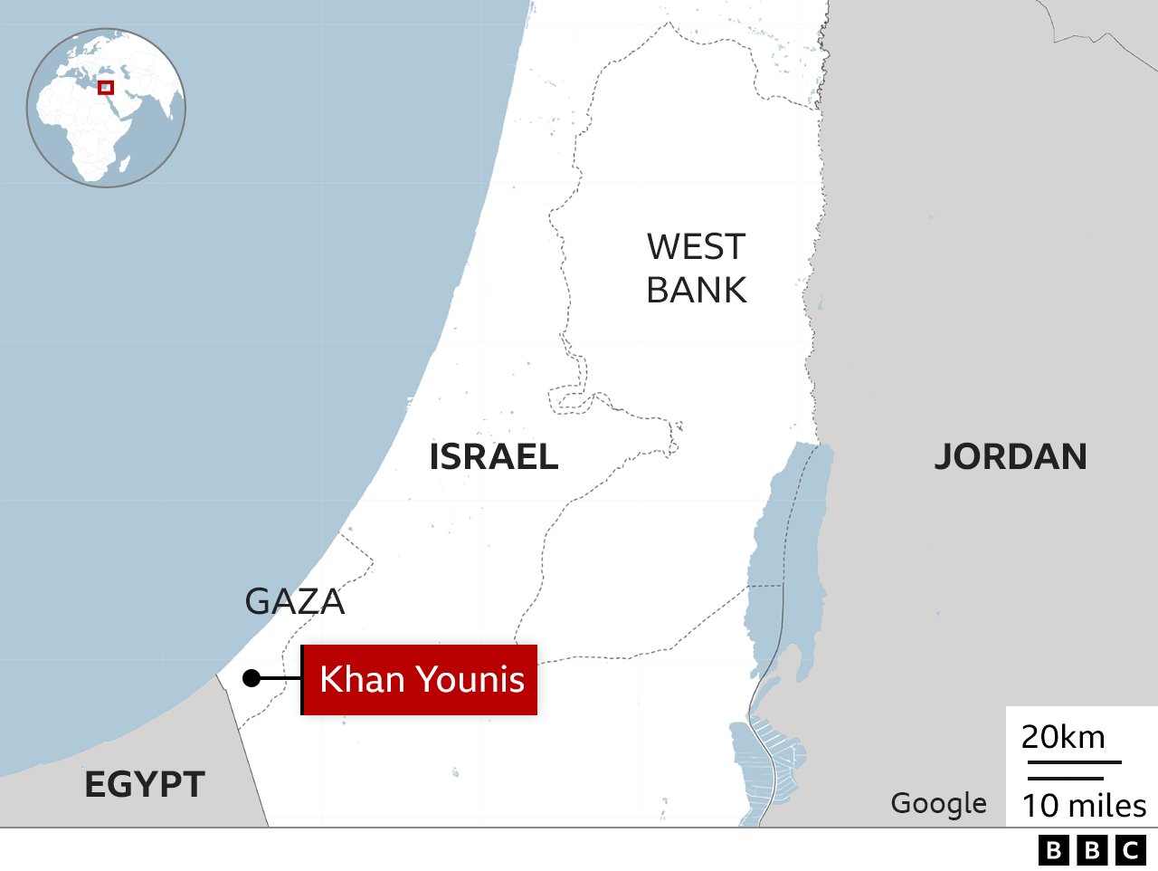 Map showing Israel and highlighting Khan Younis in Gaza and the West Bank