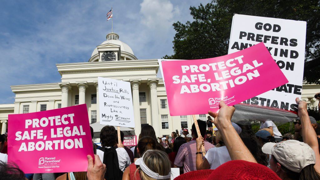 Protestors participate in a rally against one of the nation's most restrictive bans on abortions on May 19, 2019 in Montgomery, Alabama