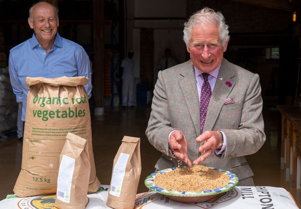 Prince of Wales poses during a visit to Shipton Mill, Tetbury in Gloucestershire - which holds the HRH Royal Warrant and specialises in high quality traditional milling - July 2020