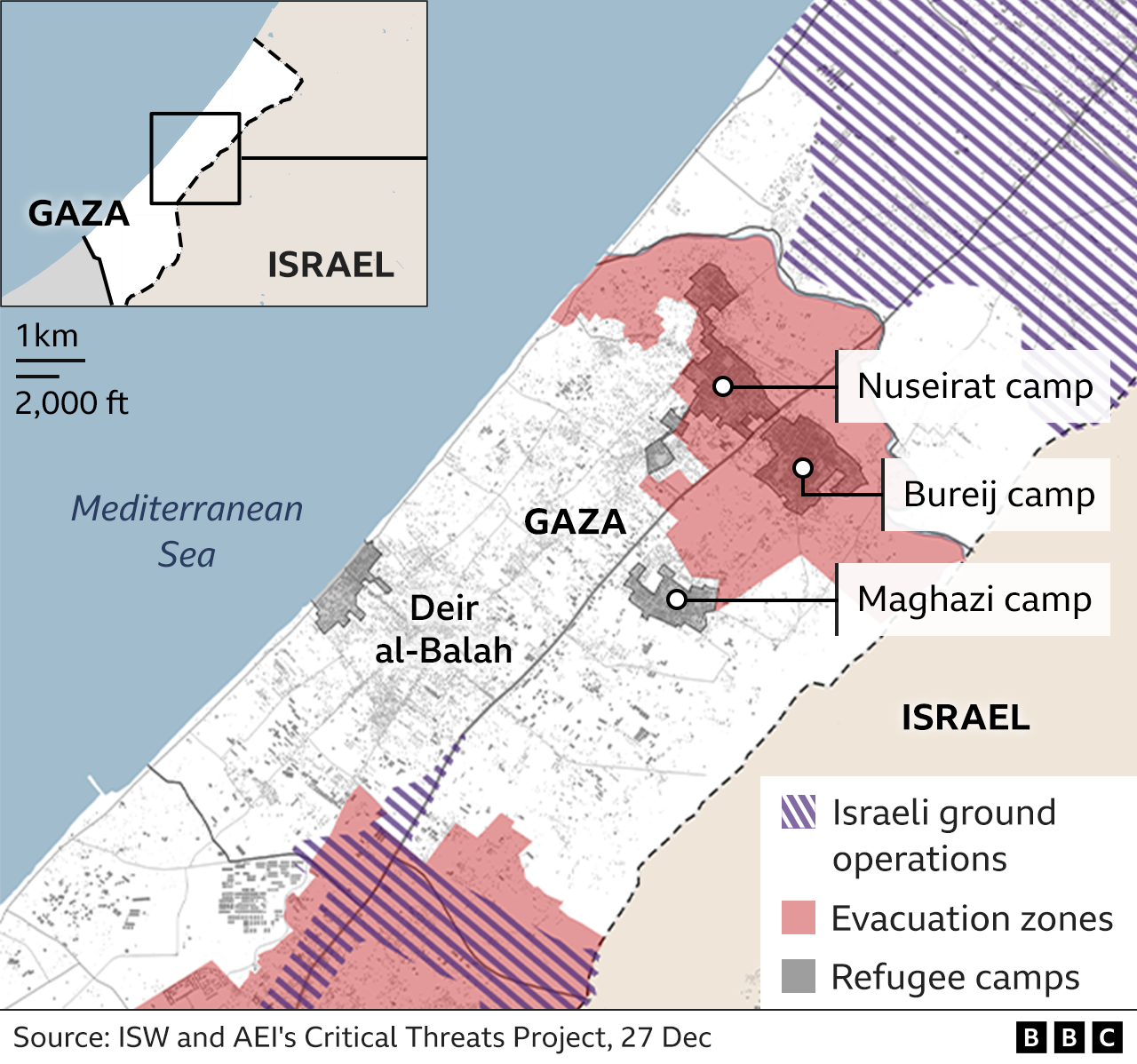Map showing Israeli ground operations and evacuation zones in the central Gaza Strip (27 December 2023)