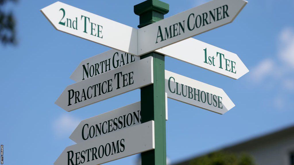 A signpost at Augusta National Golf Club to guide fans to Amen Corner, practice grounds, the clubhouse and first and second tees