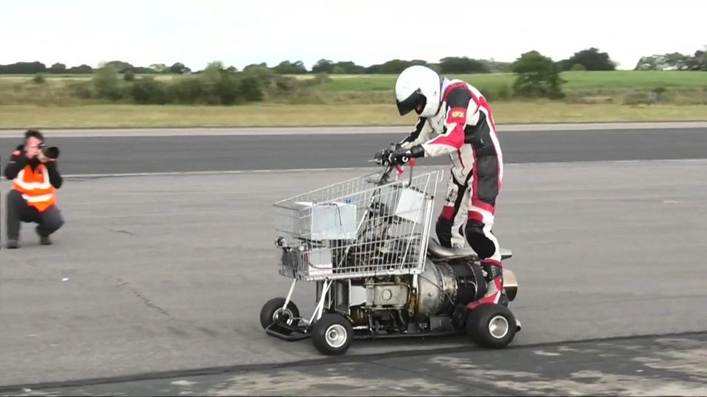 Speed shopping on a jet-powered shopping trolley.