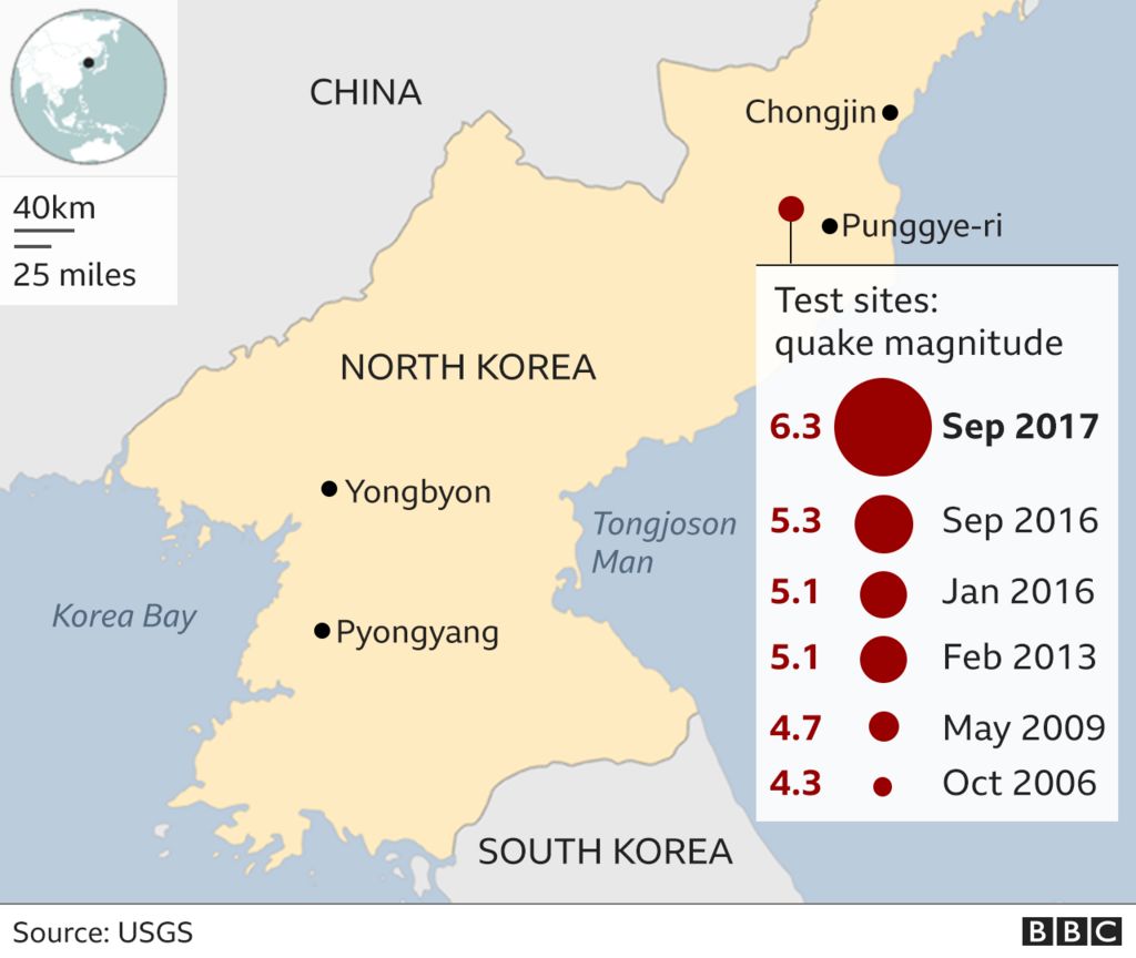 Map showing main nuclear test sites in North Korea