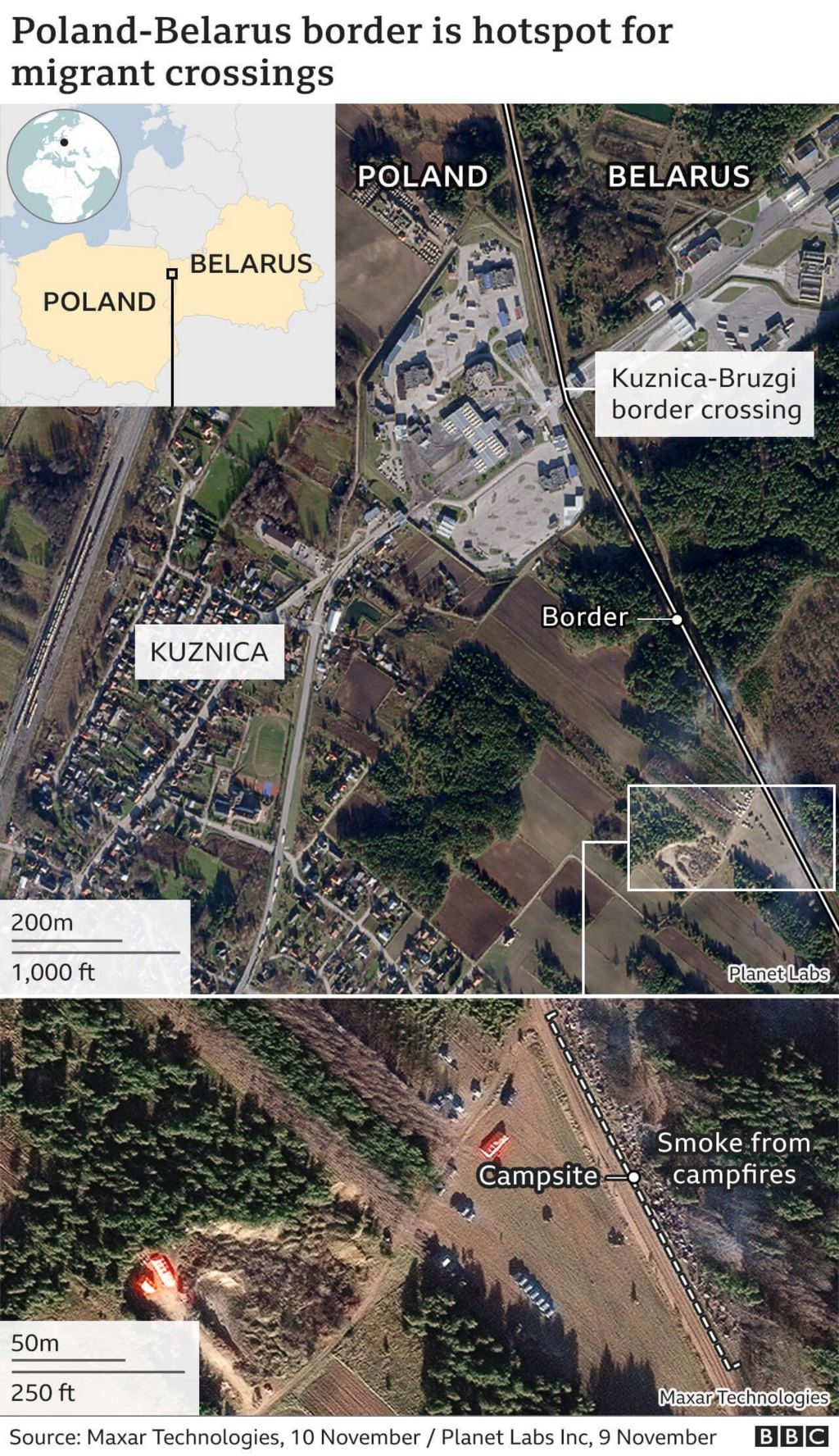 Image shows hi-res satellite images on Belarus border