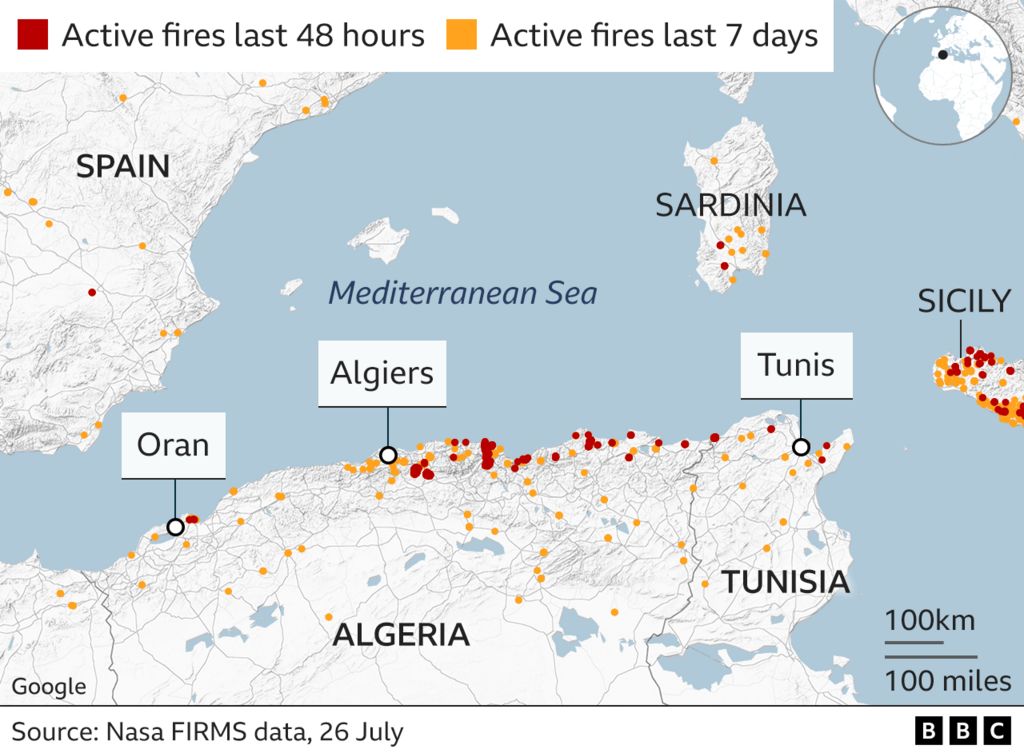 A map showing fires in Algeria and Tunisia