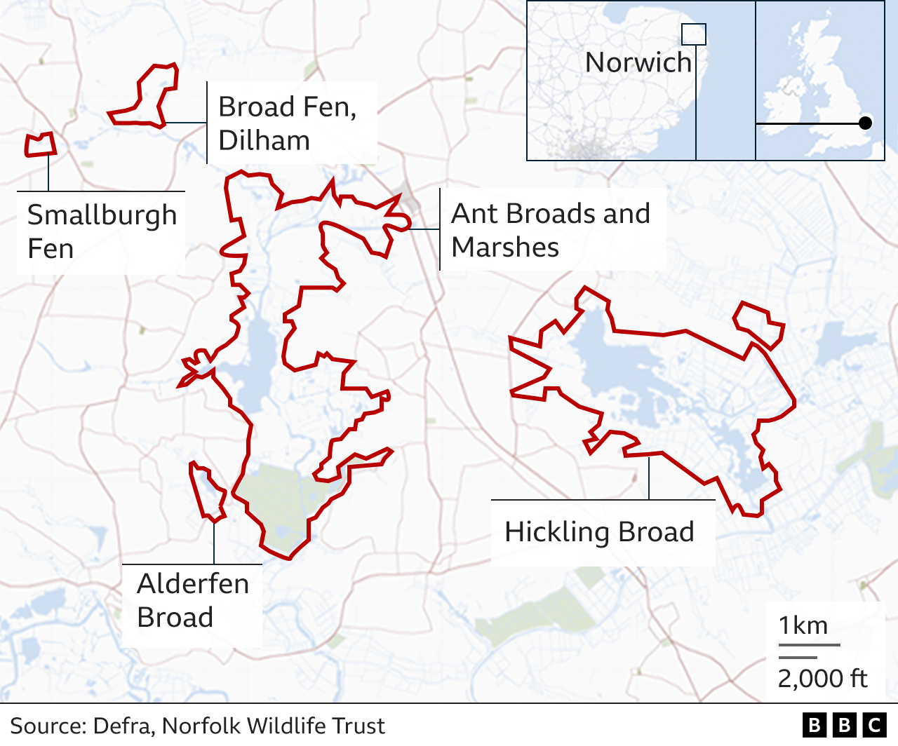 Map showing Norfolk wetland areas at the centre of a legal battle