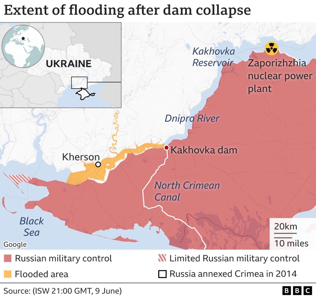 Map showing extent of flooding after dam collapse